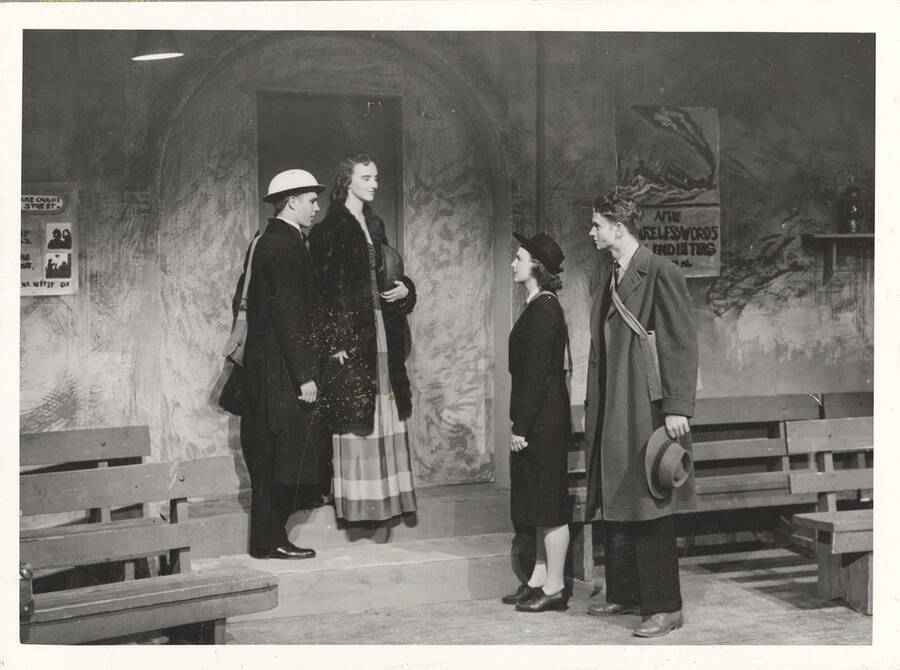 The University of Idaho drama production of 'All Reason Now Resigned.' Gayle Manion as Jerry Wagner, Lucy Adele Sillingham as Patricia Somerset, Dorothy Peebles as Ann, Denton Darrow as Arnold.