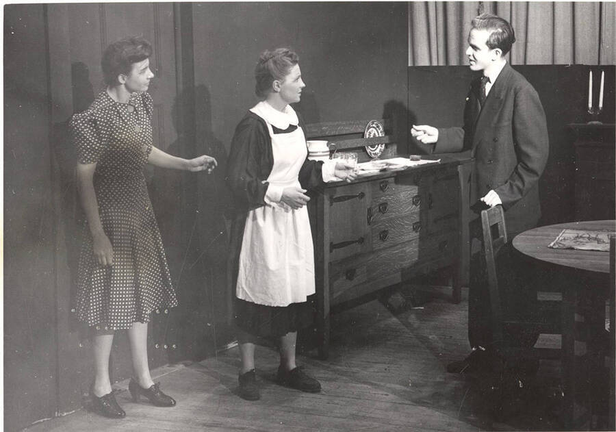 Grace Lillard as Mrs. Haggett, Marie Chaney as Abbey, Ralph Joslyn as Dr. Haggett in the University of Idaho drama production of 'The Late Christopher Bean.'