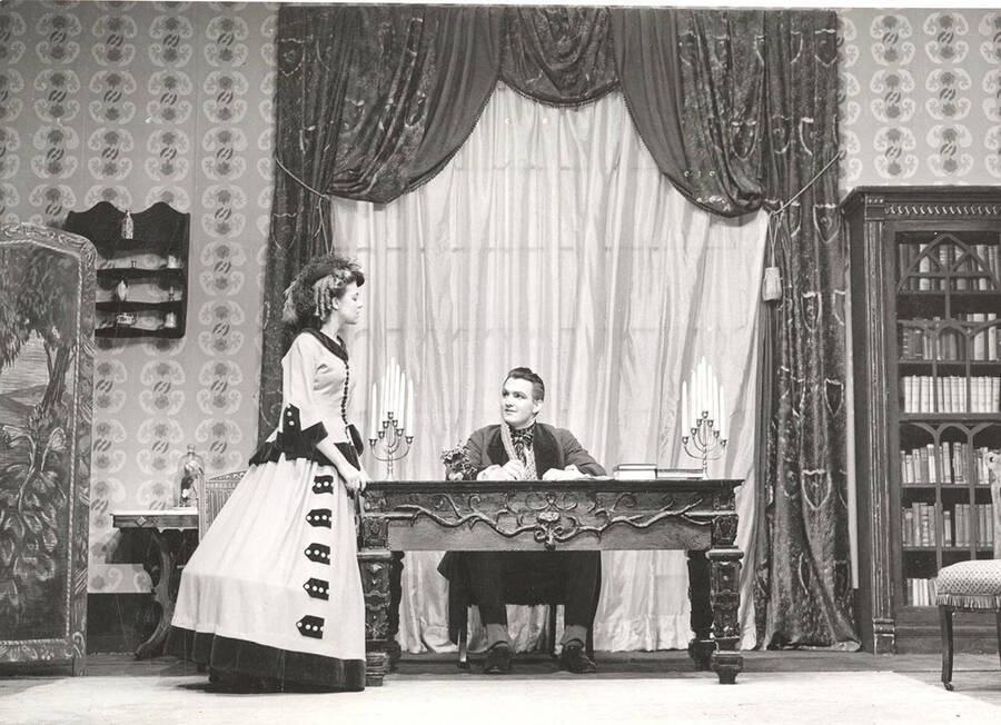 Marion Wilson as Caroline Branson and Otis Walter as Charles Dickens in the University of Idaho drama production of 'The Romantic Mr. Dickens.'