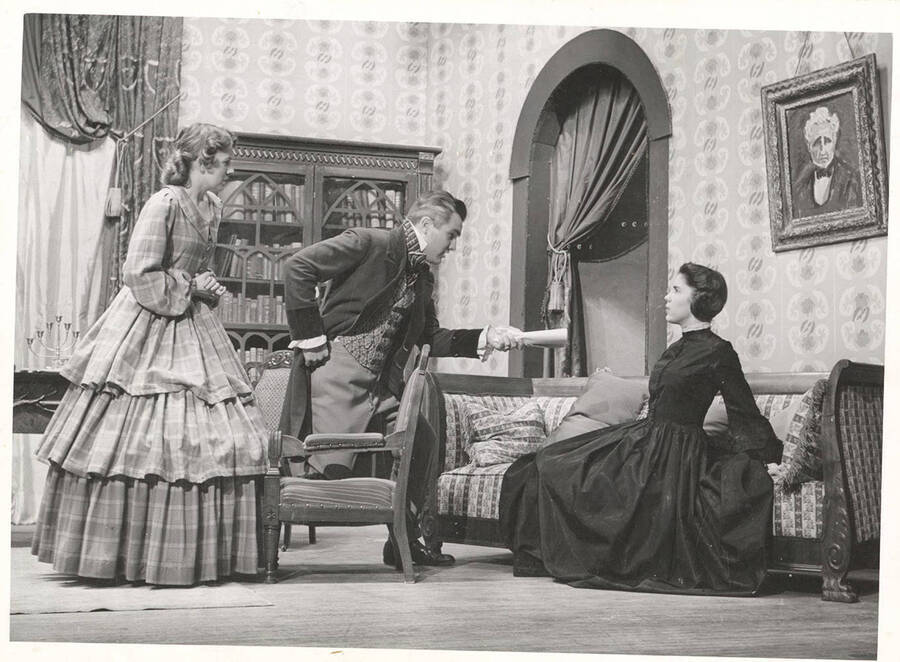 Betty Echternach as Miss Georgina Hogarth, Otis Walker as Charles Dickens and Barbara Smith as Mrs. Charles Dickens in the University of Idaho drama production of 'The Romantic Mr. Dickens.'