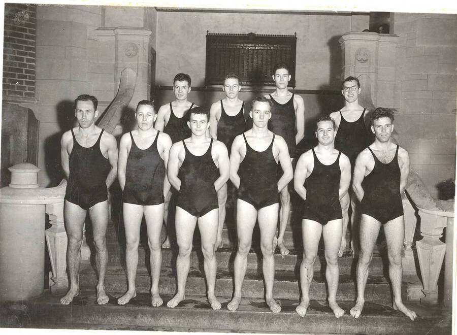 The 1935 men's Swimming team poses for a group photograph in the Memorial Gymnasium natatorium.