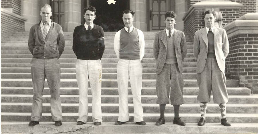 The 1932 Idaho Boxing team poses on the steps of the Administration Building for a group photograph.