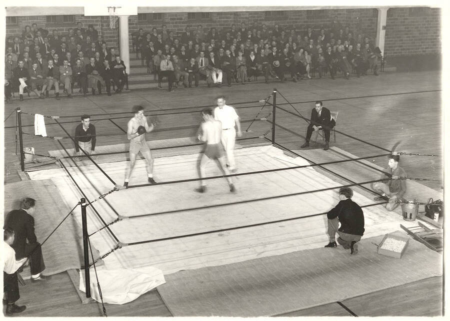 Spectators watch from courtside seats in Memorial Gymnasium as an unknown Idaho boxer faces an opponent.