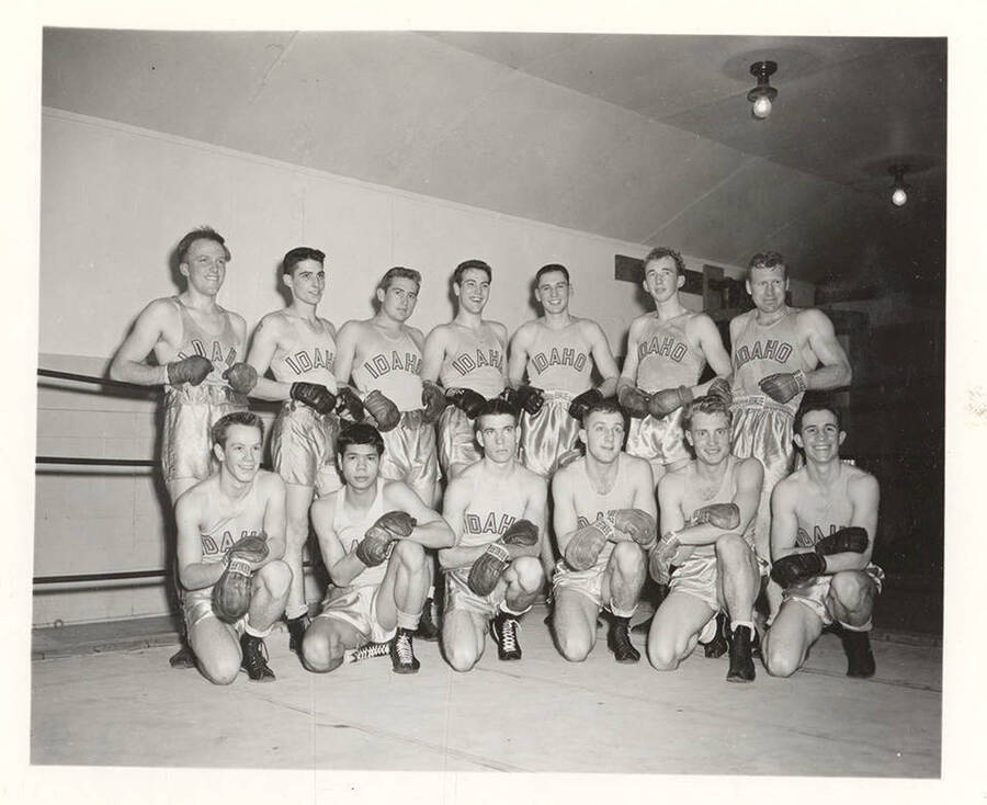 The 1951 Idaho Boxing team posing for a team photograph.