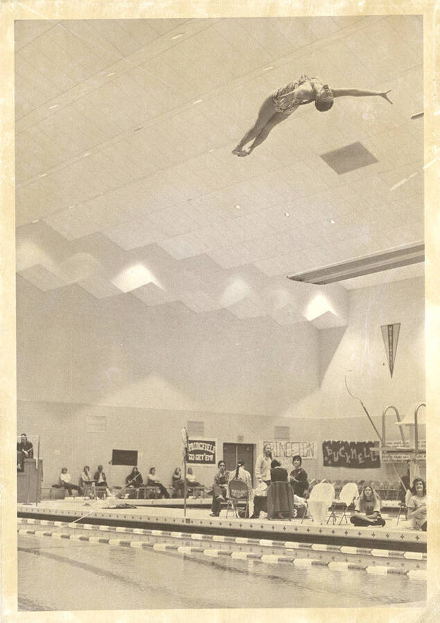 An Idaho women's diver competes during a meet in the university's new swim center.