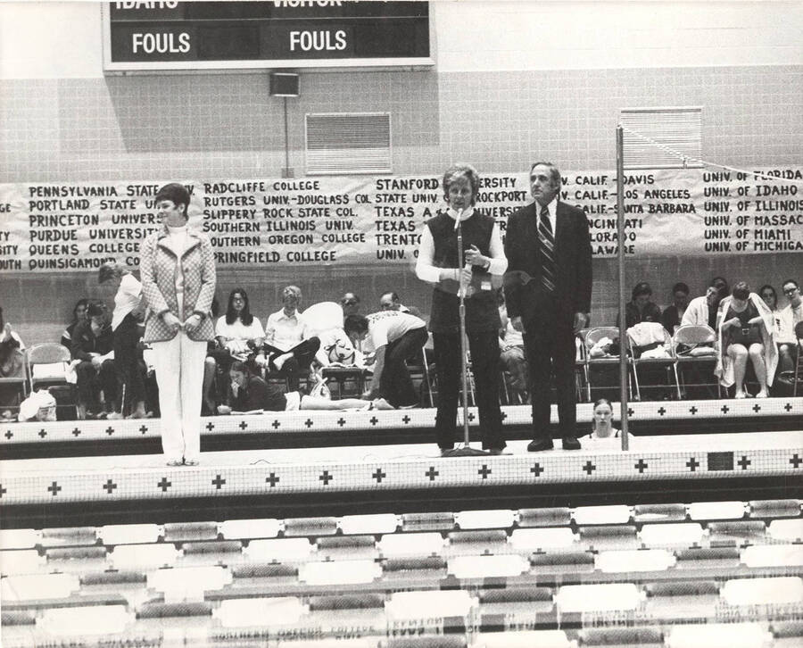 An unnamed coach signals the commencement of the 1973 AIAW National Championships, held in Idaho's newly-constructed Swim Center.