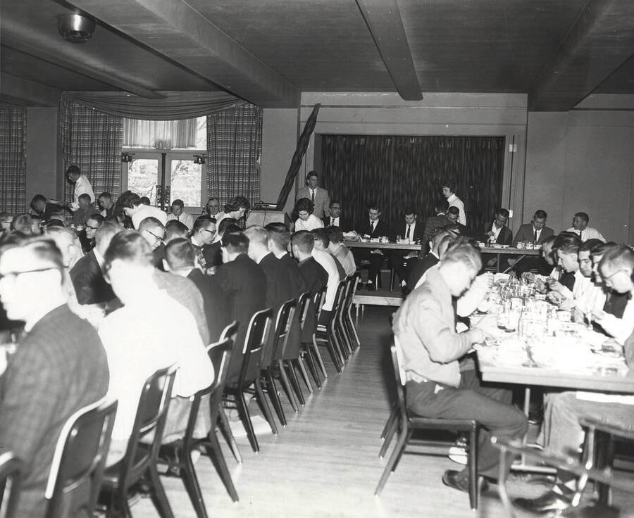 Attendees of the 37th National Convention of the Intercollegiate Knights, a national honorary service organization, gather for a closing day brunch in the Student Union Building ballroom.