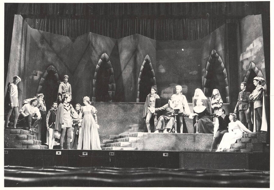 The University of Idaho drama production of 'Hamlet.' Individuals identified from left to right: Gary Thomas, David Burgess, Jean Bales, Doris Moore, Jo Magee, Clyde Winters, Jack Rudfelt, Harry Brenn, Frank Miles, Tom Wright, Fred Burton.