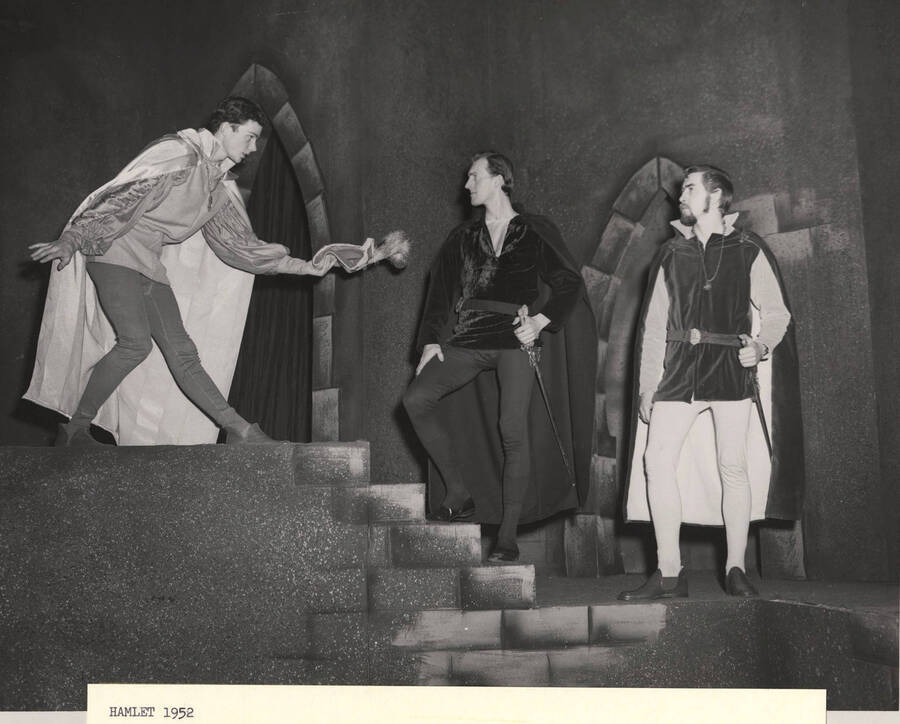 Clyde Winters as Osric (left), Fred Burton as Hamlet and Tom Sawyer during a rehearsal for the drama production of 'Hamlet.'