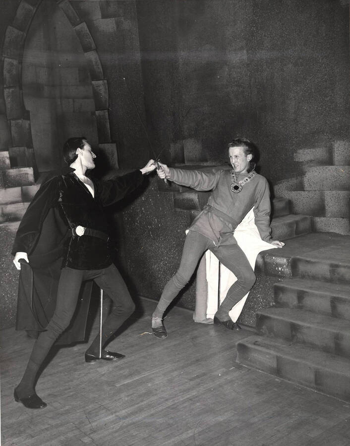 Tom Wright (right) as Laertes and Fred Burton as Hamlet in drama production of 'Hamlet.'