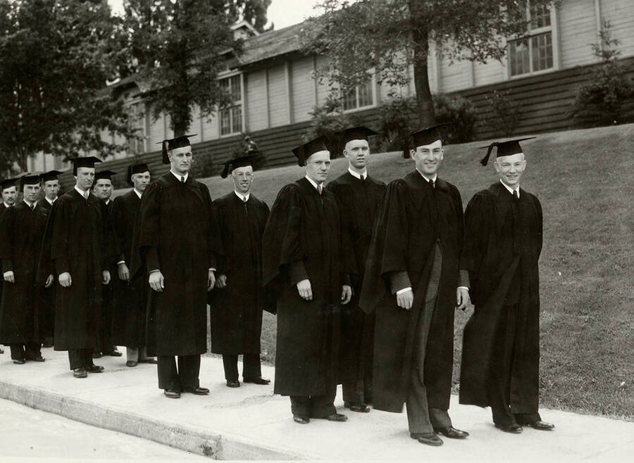 Unidentified students stand in line for the 1934 Commencement procession.