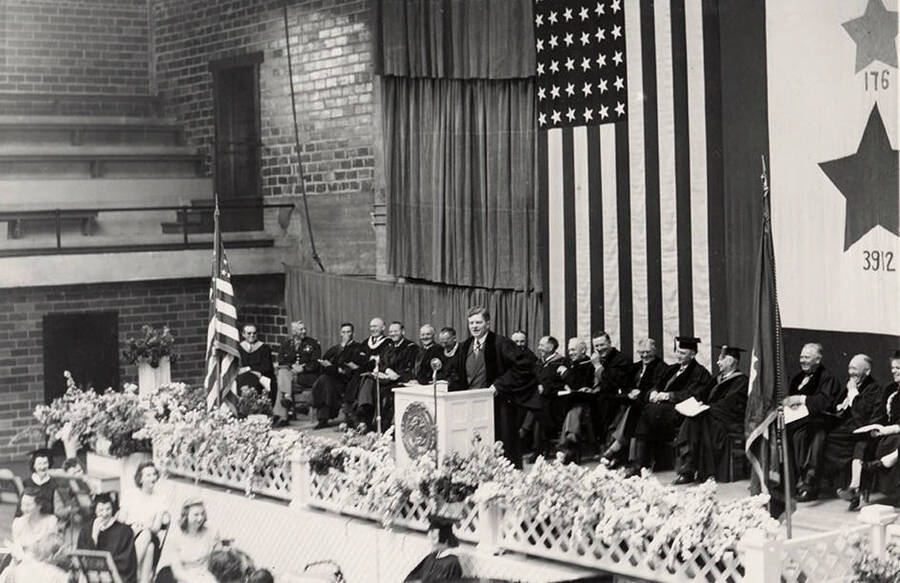 Richard H. Wells, the president of Rotary International, delivering a speech during the 1945 Commencement ceremony.