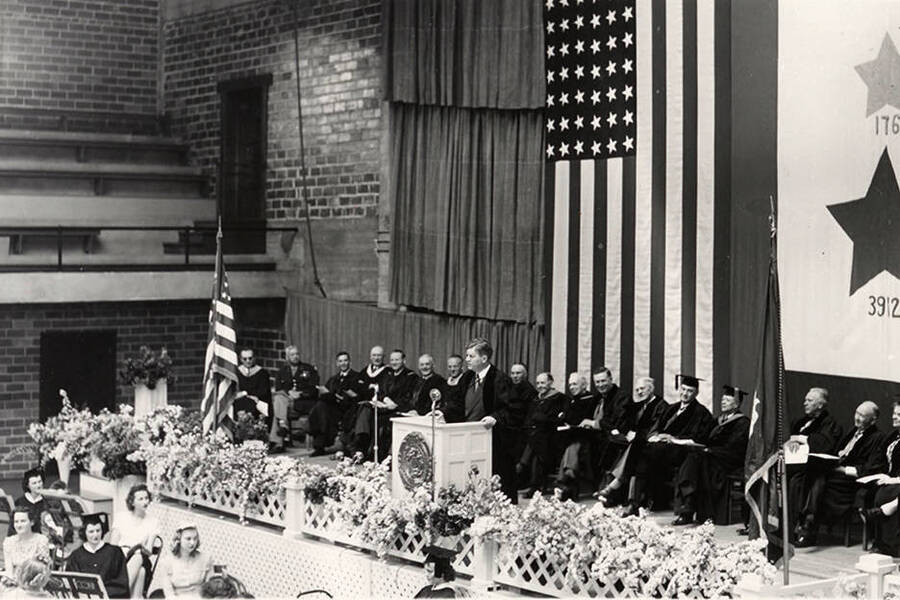 Richard H. Wells, the president of Rotary International, delivering a speech during the 1945 Commencement ceremony.