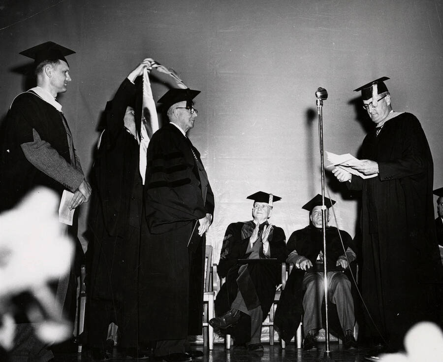 William Perkins receiving an honorary degree during the 1952 Commencement ceremony.