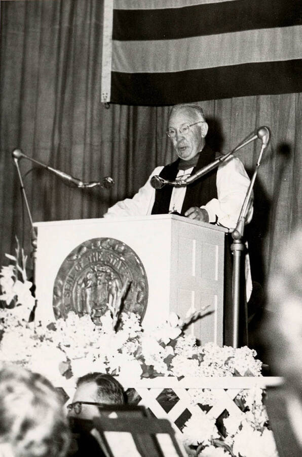 Reverend Frank A. Rhea, Bishop of Idaho, giving the baccalaureate sermon during the 1950 Commencement ceremony.