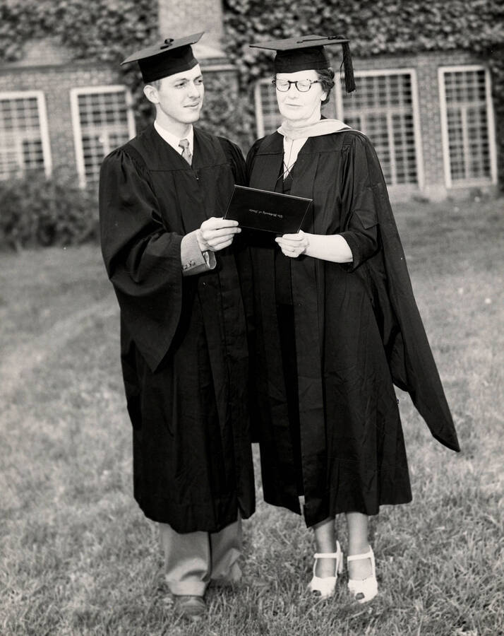 Maude Cosho Houston, regent, with her son John who received a Bachelor of Science degree during the 1948 Commencement ceremony.