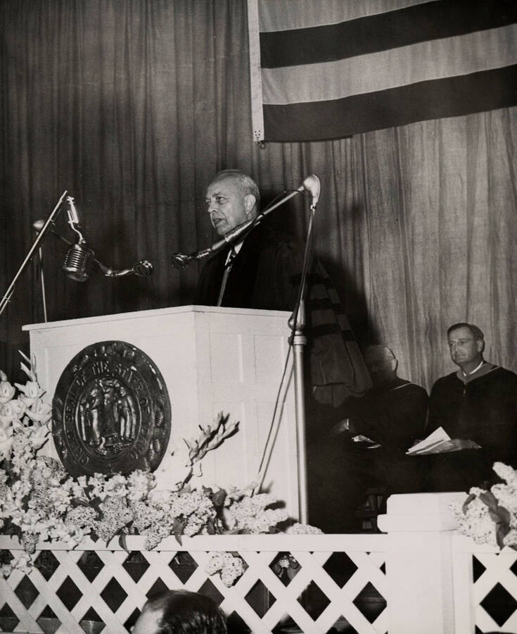 Governor C.A. Robins addresses the 1950 Commencement audience.