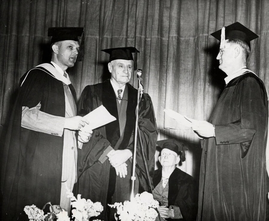 Harry W. Morrison receiving an honorary Doctor of Science degree during the 1950 Commencement ceremony.