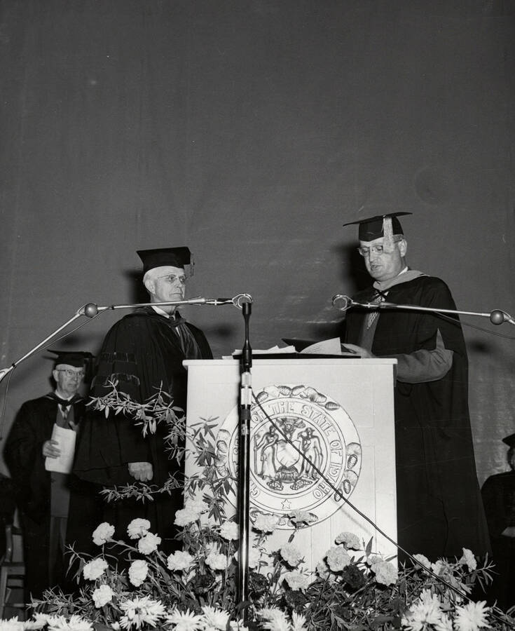 Dwight Smithson Jeffers, the retiring dean of College of Forestry, and University of Idaho President Buchanan during the 1953 Commencement.