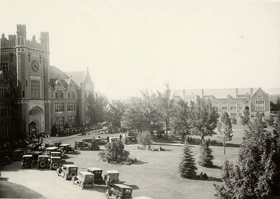 The band performs a concert outside the Administration Building for the 1926 Commencement.