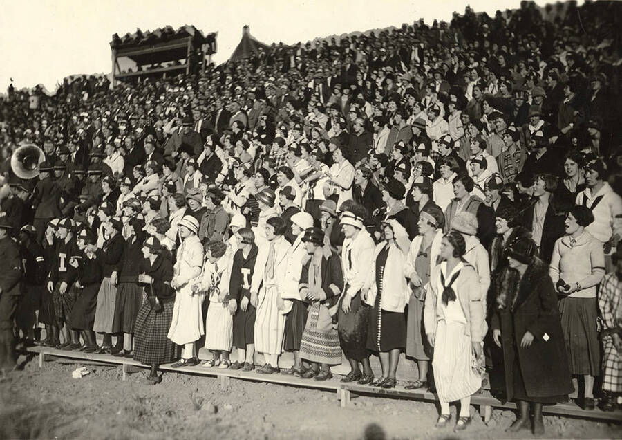 Students in the student cheering section yell and applaud for their team during a football game.