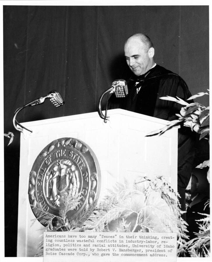 Robert V. Hansberger, president of Boise Cascade Corporation, delivers a speech during the 1964 Commencement ceremony.