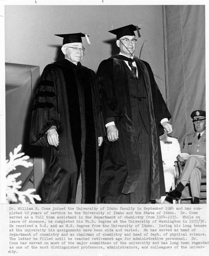 Dr. William H. Cone (left) upon his retirement at the 1964 Commencement ceremony. Photographer Publications Department