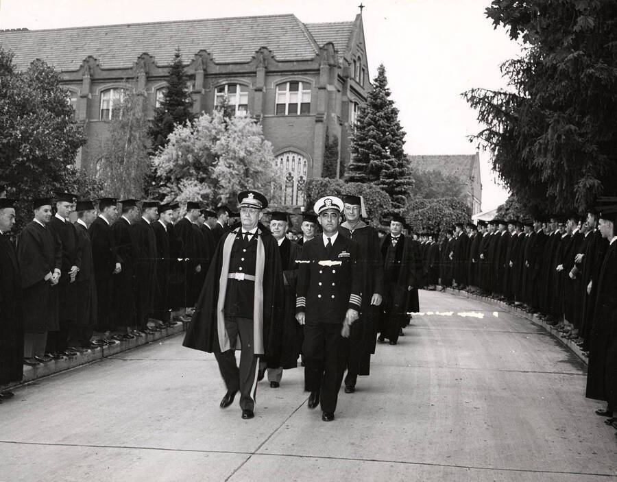The 1949 Commencement Procession being led led by Colonel Charles F. Hudson and Captain Church A. Chappell.