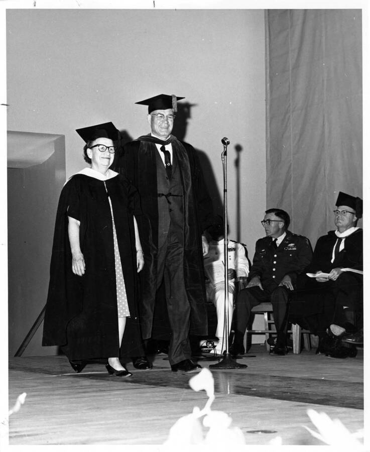 Margaret Ritchie (Professor of Home Economics) upon her retirement during the 1965 Commencement ceremony. Photographer Publications Department