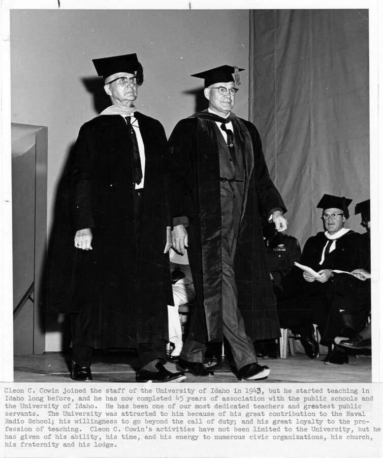 Cleon C. Cowin (left) upon his retirement at the 1965 Commencement ceremony. Photographer Publications Department