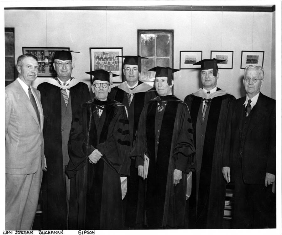 Recipients of honorary degrees stand together dressed in their caps and gowns. Pictured: Lawrence Henry Gipson, Carol Howe Foster, James Buchanan Hays, David Roy Shoults, Jesse Everett Buchanan. Photographer Publications Department