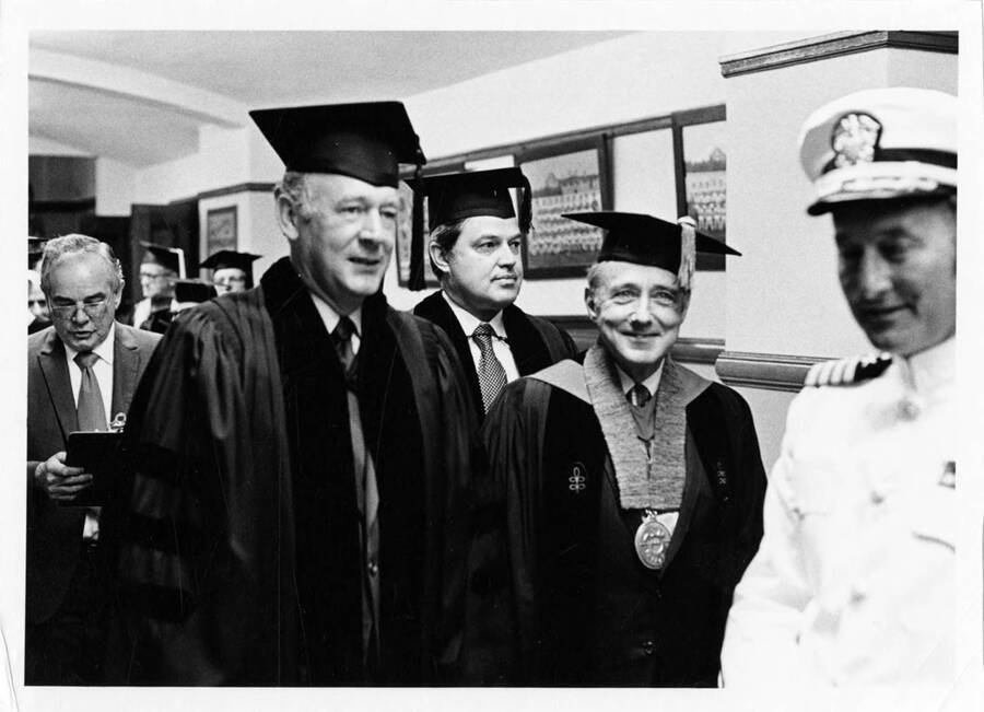 Governor Cecil Andrus, Senator Frank Church and University of Idaho President Ernest W. Hartung at the 1972 Commencement. Senator Church gave the address.