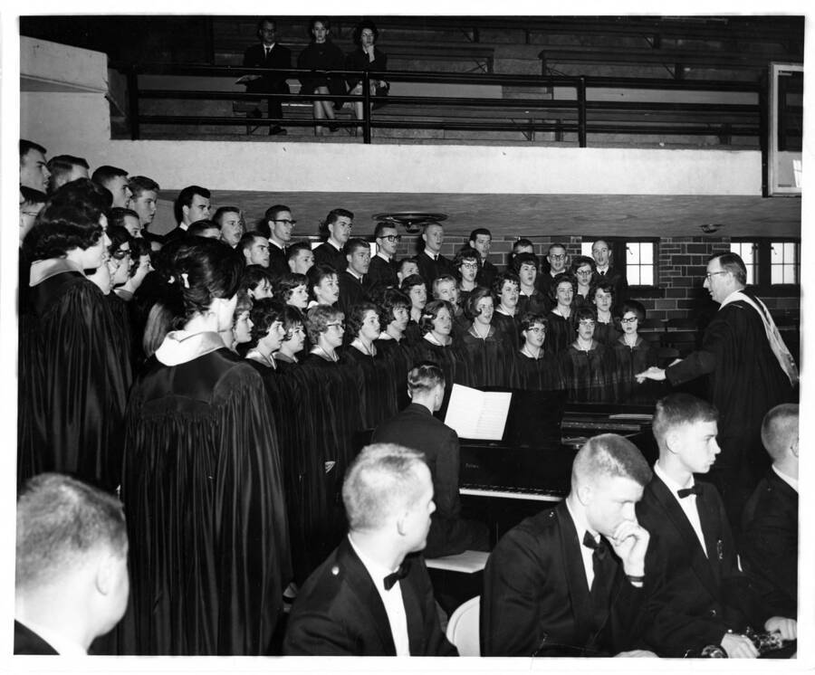 Glen Lockery and the Vandaleers performing in the Memorial Gymnasium for the 1965 Commencement ceremony.