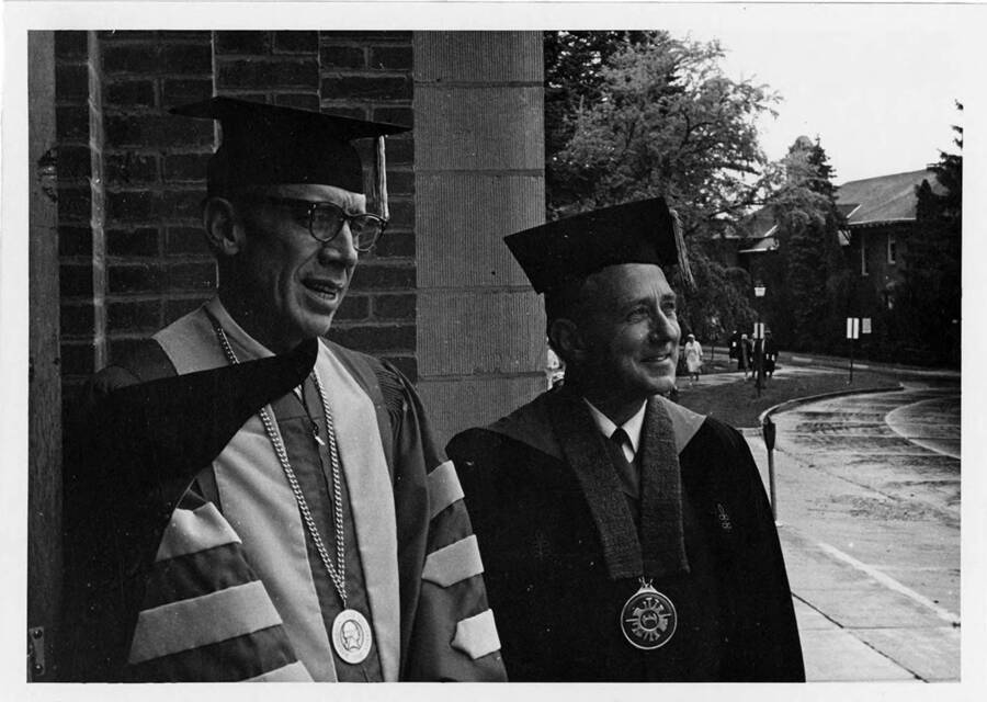 University of Idaho President Ernest W. Hartung with 1968 Commencement speaker Dr. Glen Terrell, President of Washington State University.