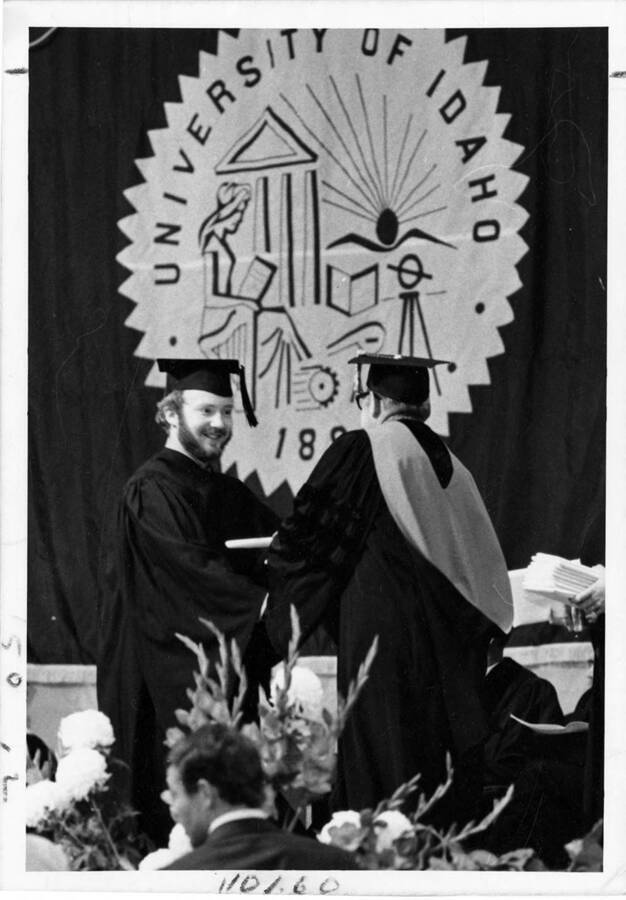O. Bryce McProud receiving a diploma during the 1971 Commencement ceremony.