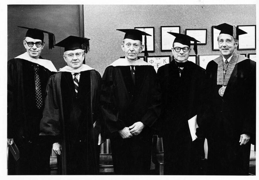 Honorary degree recipients with University of Idaho President Ernest W. Hartung (right). L-r: Cecil Corlett, Thomas Taylor, Clinton Gutermuth and John Peacock.