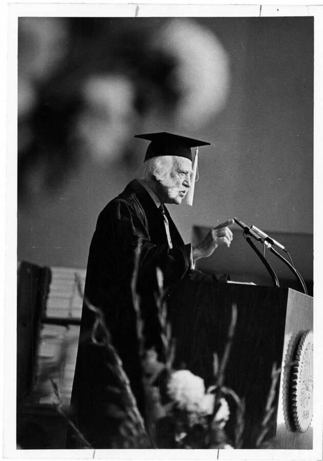 Ansbert Skina, the former chairman of the board for Commonwealth Services, Inc, delivers his Commencement speech during the 1974 Commencement ceremony.