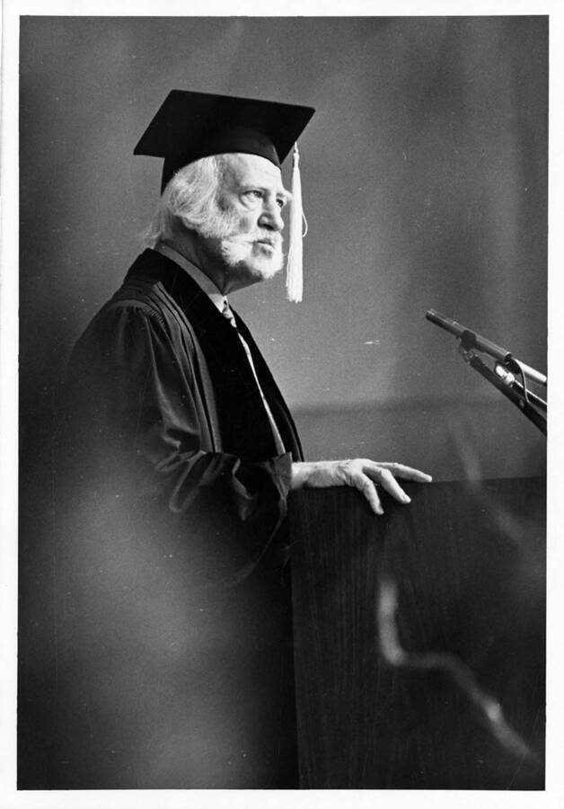 Ansbert Skina, the former chairman of the board for Commonwealth Services, Inc, delivers his Commencement speech during the 1974 Commencement ceremony.