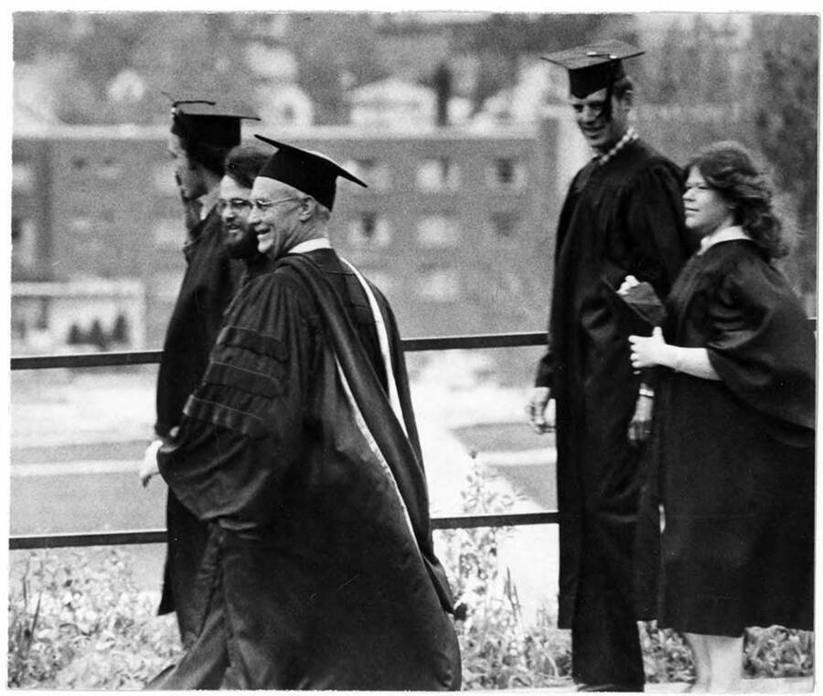 Ready for the 1975 Commencement procession to start.