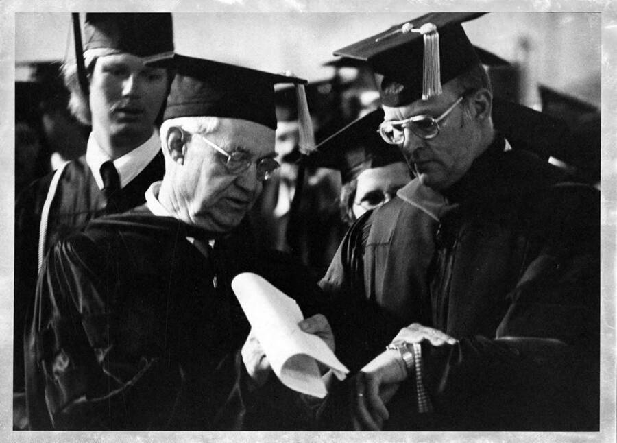 Clifford Dobler and Jim Bikkie at the 1976 Commencement.