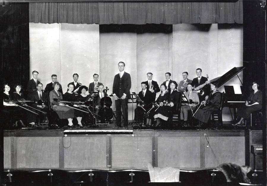 A group picture of the University Orchestra of 1924-1925, under the direction of Professor Carl Claus.