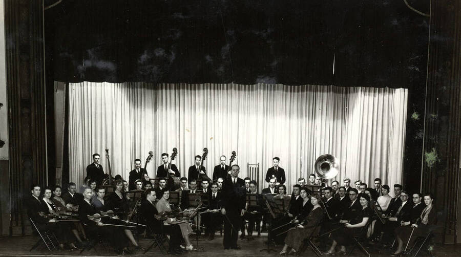 A group picture of the University Orchestra, under the direction of Professor Carl Claus.