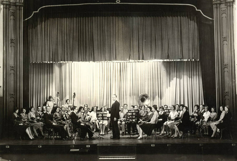A group picture of the University Orchestra, under the direction of Professor Carl Claus.