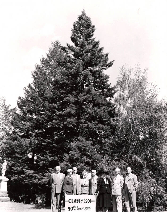 The class of 1901 celebrates their 50th reunion next to a tree they planted near the Hello Walk. Includes: Dr. Carroll Smith, Minnie Marcy, Homer David, and other unidentified people