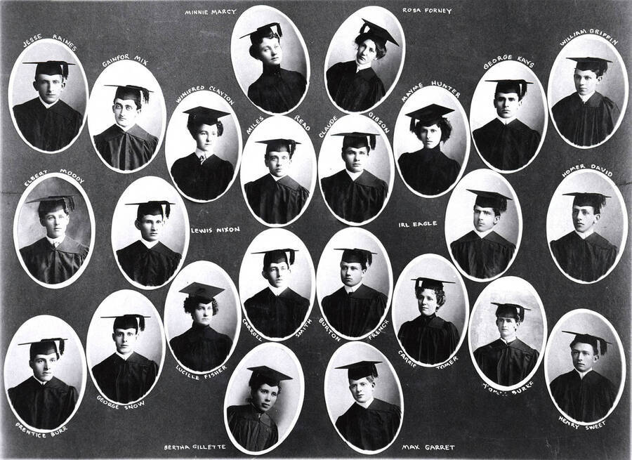 A composite photograph collage of the class of 1901 wearing their caps and gowns.