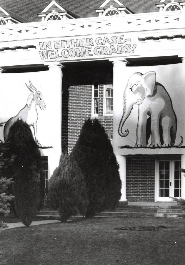 Kappa Sigma's house decorations took a political note by depicting an elephant and a donkey on opposing sides of the house with a banner that reads: 'In either case - welcome grads!'