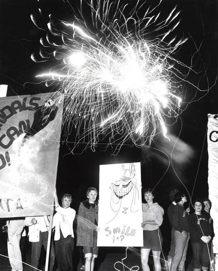 Students hold banners and signs during the fireworks display during the Homecoming rally and bonfire.