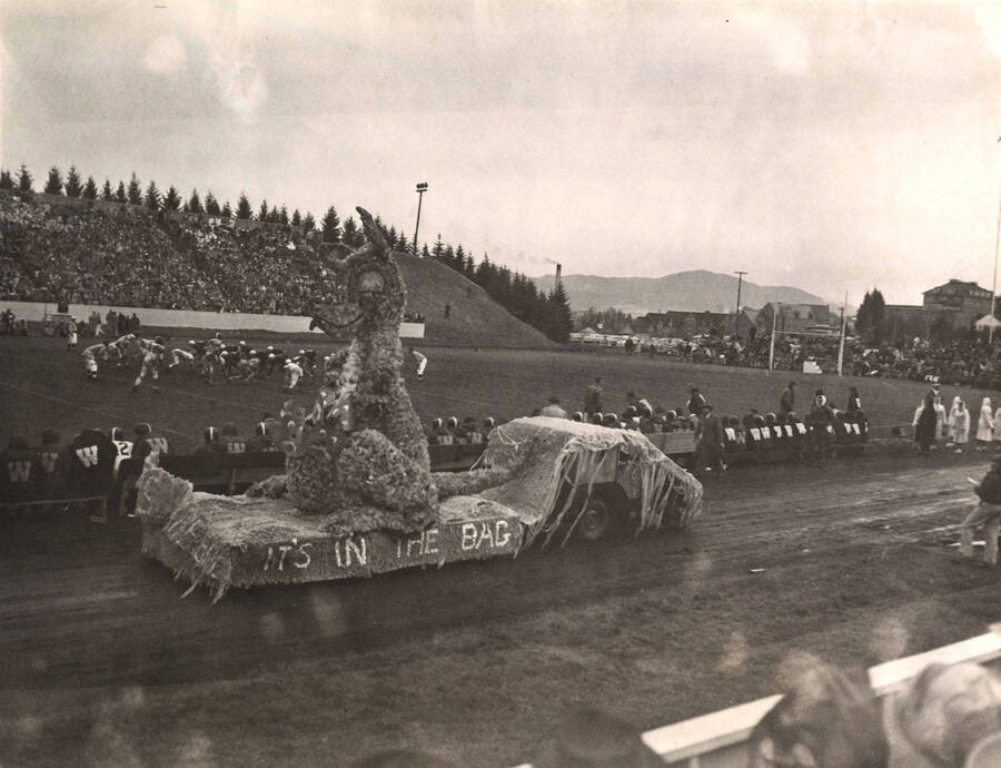 The Delta Gamma winning women's float stands on display during the Homecoming Football game. The text on the float reads 'It's in the Bag'.