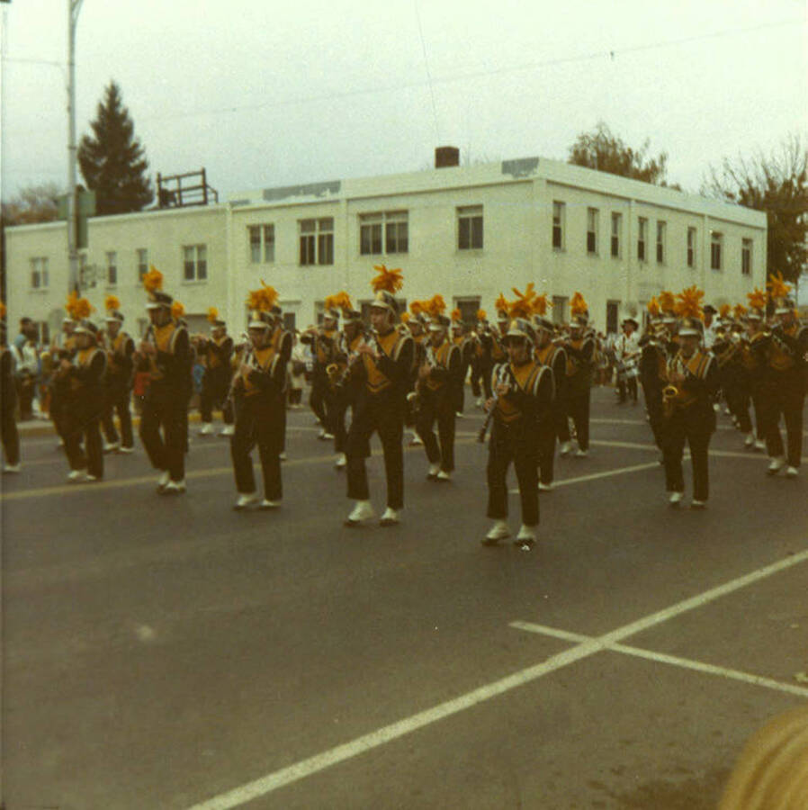 The marching band performs during the Homecoming parade.