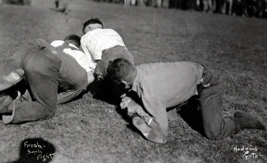 Four men fight on the ground in this close-up photograph. Caption reads, 'Frosh-Soph Fight.'